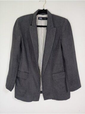 Zara Gray 100% Linen Blazer Jacket Small Womens Single-Breasted Tailored Fit